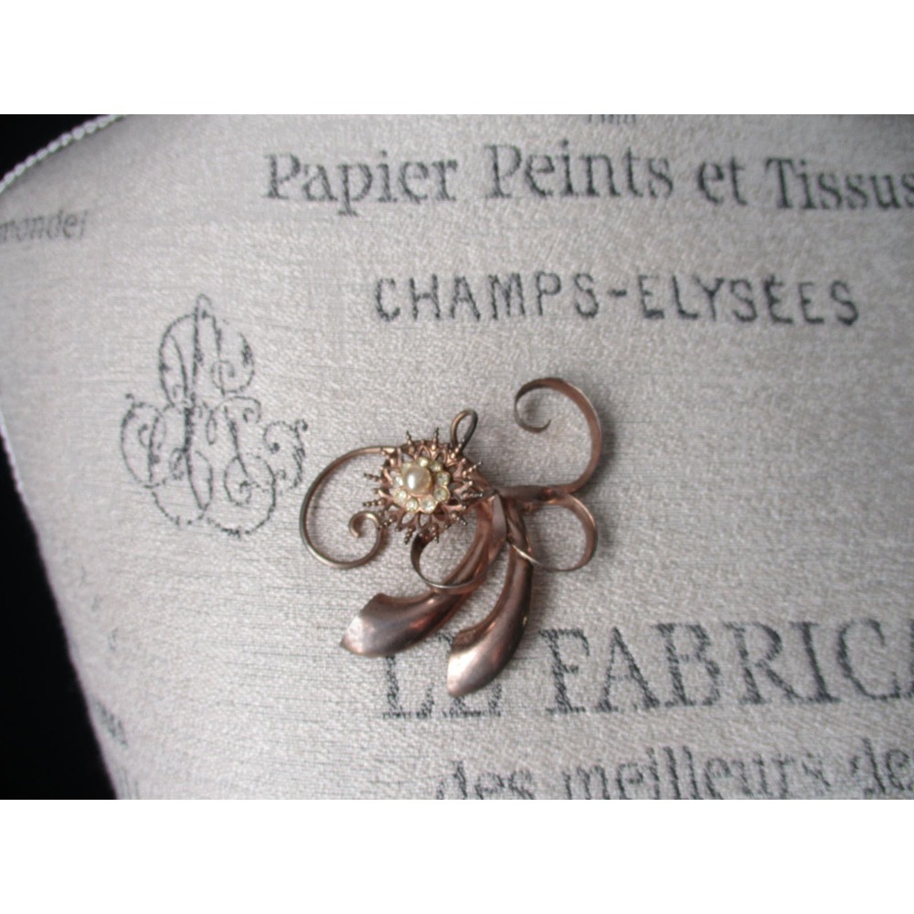 Vintage Sterling Silver Floral Swirl Brooch with Seed Pearls and Rhinestone